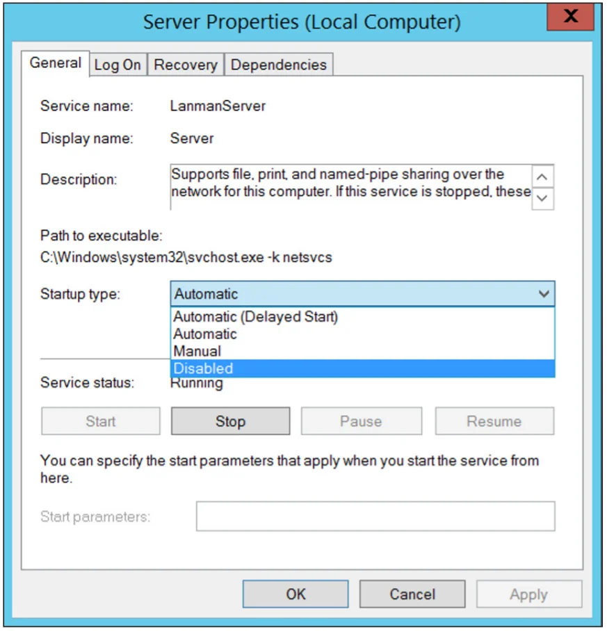 Server service properties